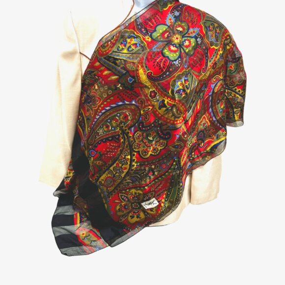 Unused Yves Saint Laurent 100% Silk Chiffon/Satin scarf 68x23 Black Red Flora(32 - Picture 7 of 16